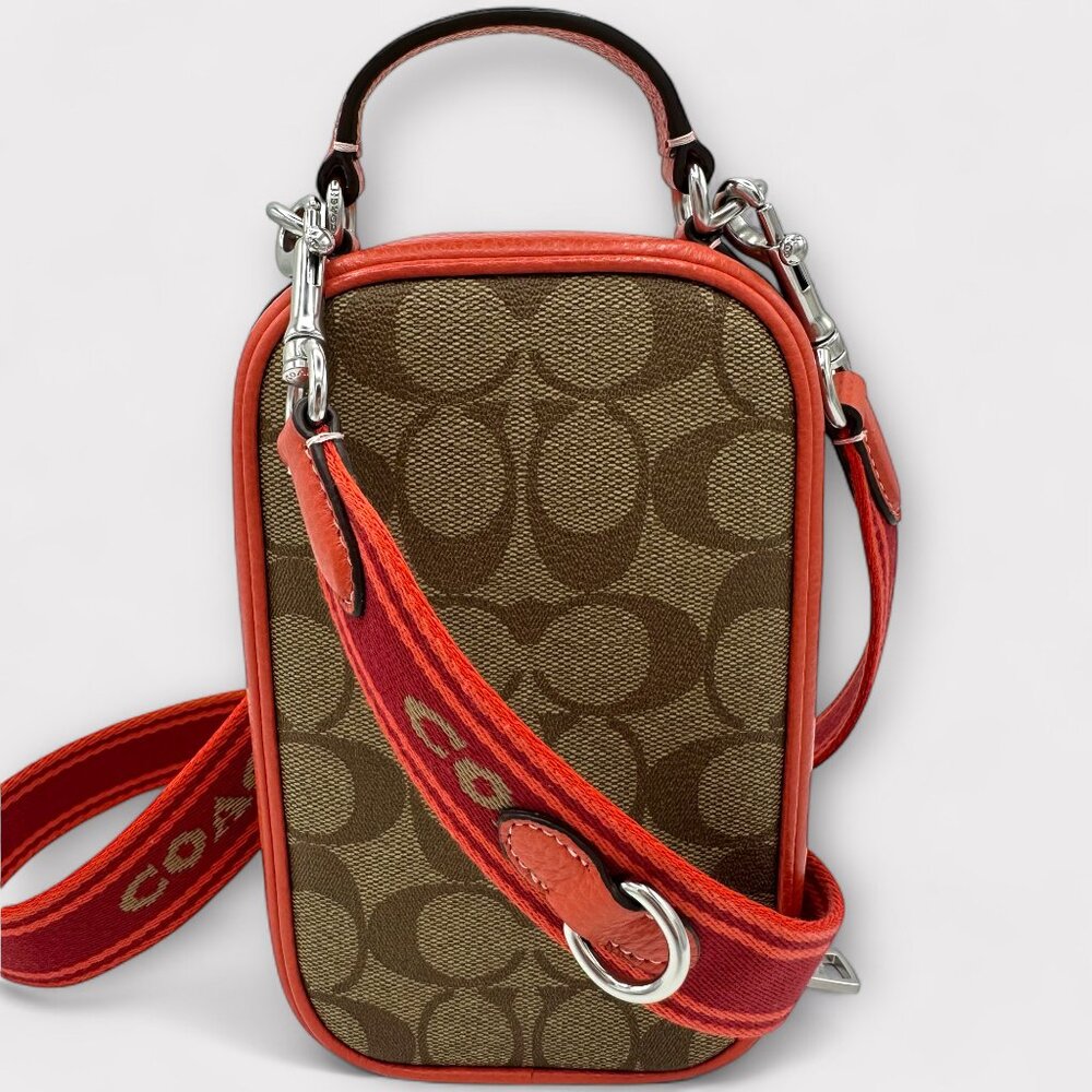💰SALE💰 NWOT Eva Phone Crossbody in Signature Canvas - Silver/Khaki/Tangerine - Picture 3 of 13